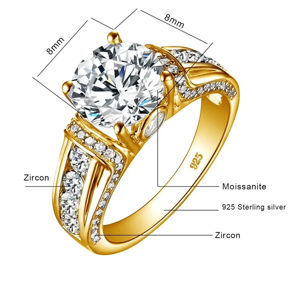 Ring Moissanite Diamond featuring zircon and 925 sterling silver setting, showcasing exquisite design and elegance.