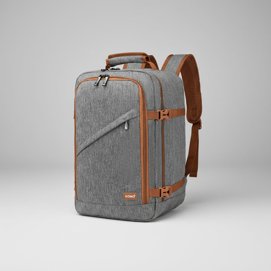 Backpack Waterproof Laptop Travel with reflective safety design in gray and brown color.