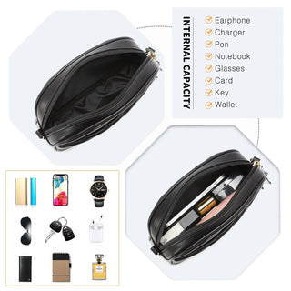PU Crossbody Bag showing internal capacity for earphones, charger, pen, notebook, glasses, card, key, and wallet.