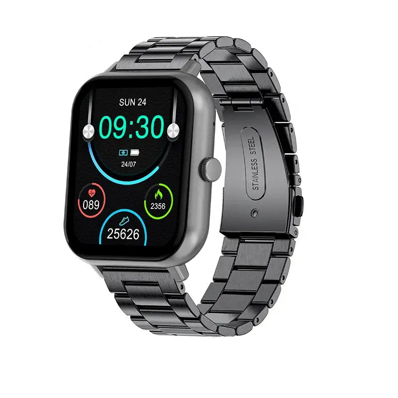 Smartwatches with Bluetooth featuring a sleek design and fitness tracking capabilities on a stainless steel band.
