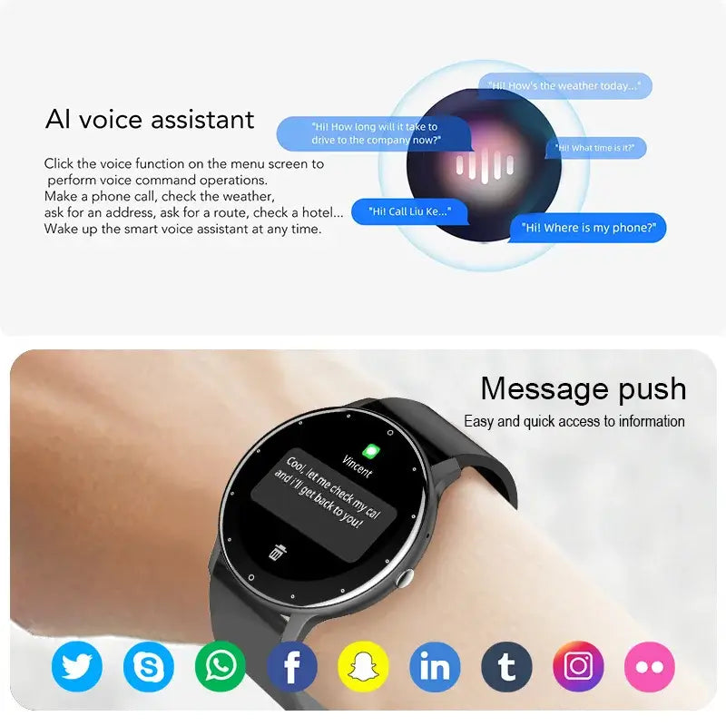Smart Watch Full Touch Screen featuring AI voice assistant and message push capabilities in a sleek design.