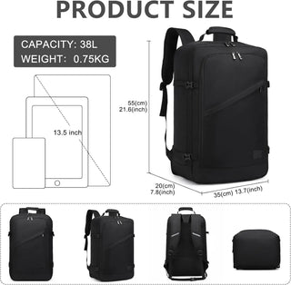 Product size diagram for Backpack Waterproof, showing capacity of 38L and dimensions for optimal fit.
