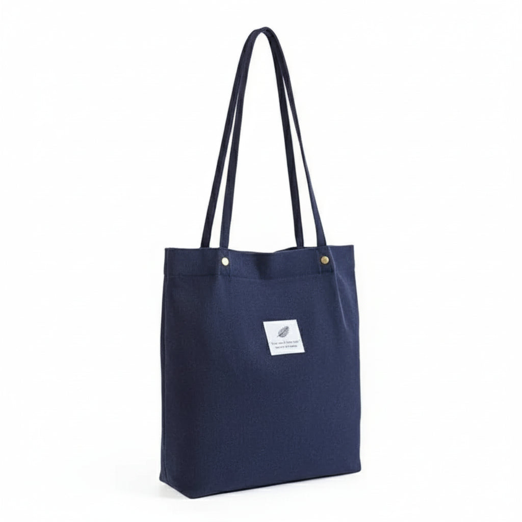 Shopping Tote Bags with Long Handles in navy color, made from corduroy and canvas for durability and style.