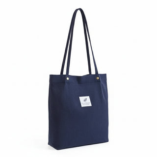 Shopping Tote Bags with Long Handles in navy color, made from corduroy and canvas for durability and style.