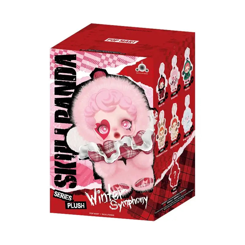 SkullPanda plush keychain by Pop Mart, featuring pink and white colors, perfect for collectors and gifts.