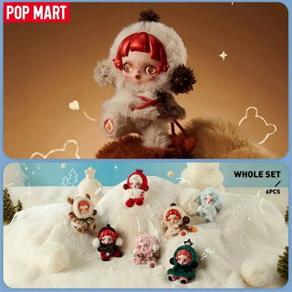 Pop Mart collectible plush dolls, whole set of 6 adorable figures in winter outfits on a snowy background.