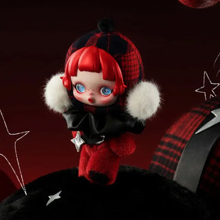 Skullpanda Keychain Pop Mart Original doll in red and black outfit, showcasing detailed craftsmanship and artistic design.