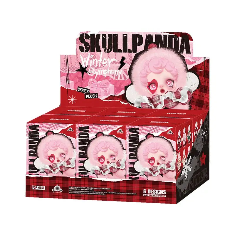 Skullpanda Winter Symphony plush display box, featuring 6 unique designs in pink, perfect for collectors and art toy fans.