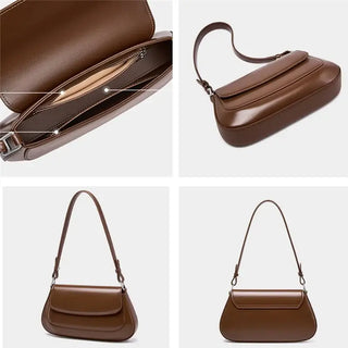 Shoulder bag leather solid brown with spacious interior and zipper pocket, perfect for casual or elegant styles.