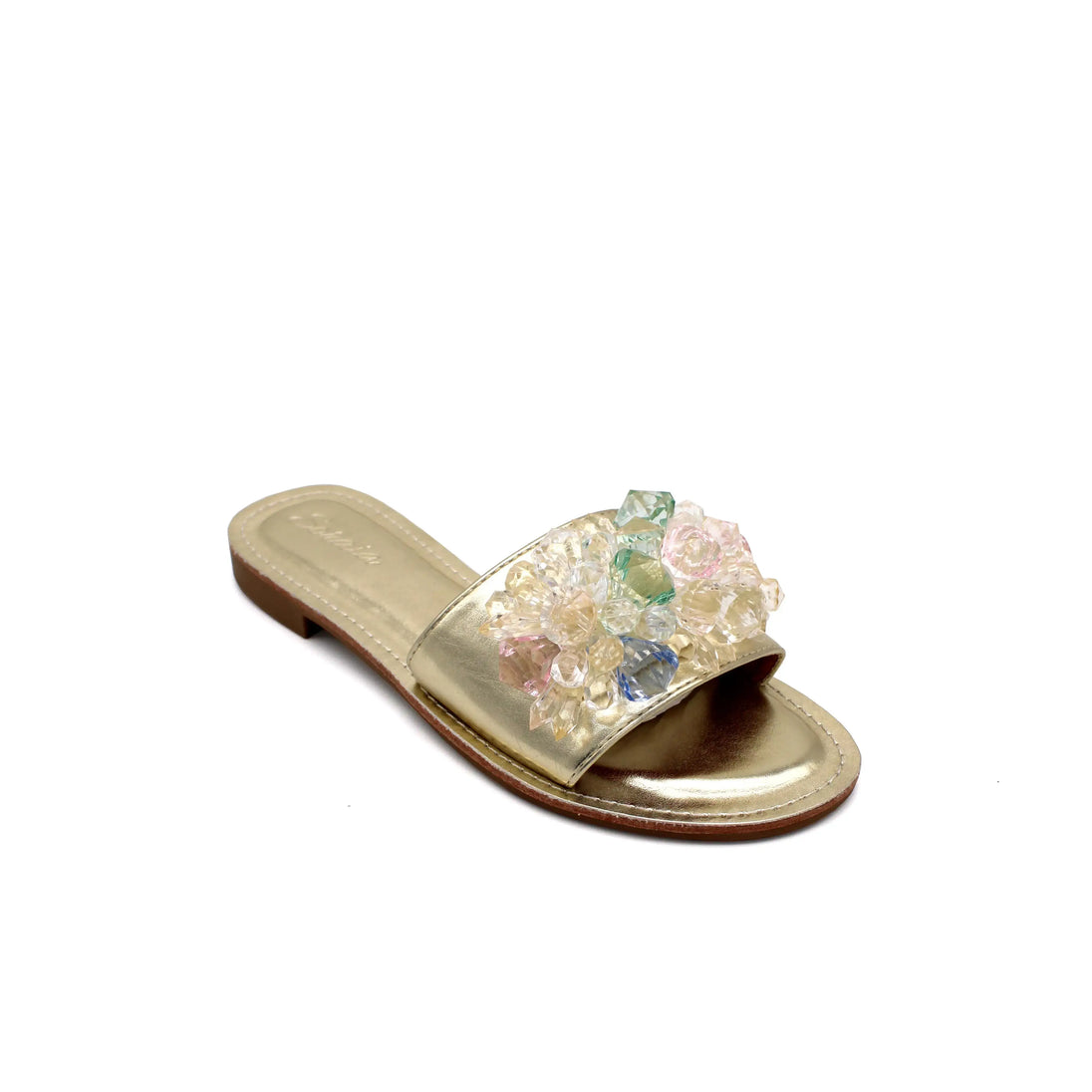 Gold women's slippers Soraia with decorative flower embellishments, comfortable sandals for casual wear.