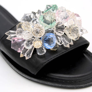 Black Soraia slippers featuring a colorful gem flower design, perfect women's sandals for casual outings.