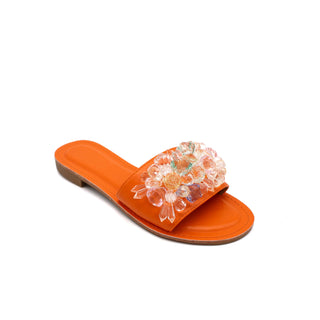 Orange women's sandals with floral embellishments, basic style and added comfort, perfect for casual wear.