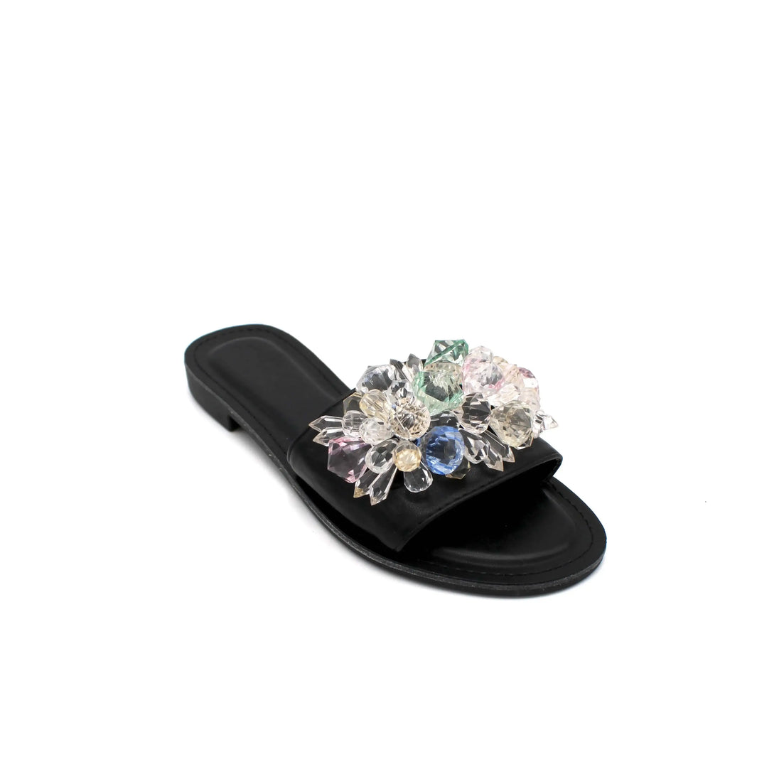 Black women's sandals with floral embellishments for a stylish and comfortable look.