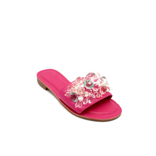 Pink women's sandals with floral embellishments, perfect for casual wear and adding a touch of style.