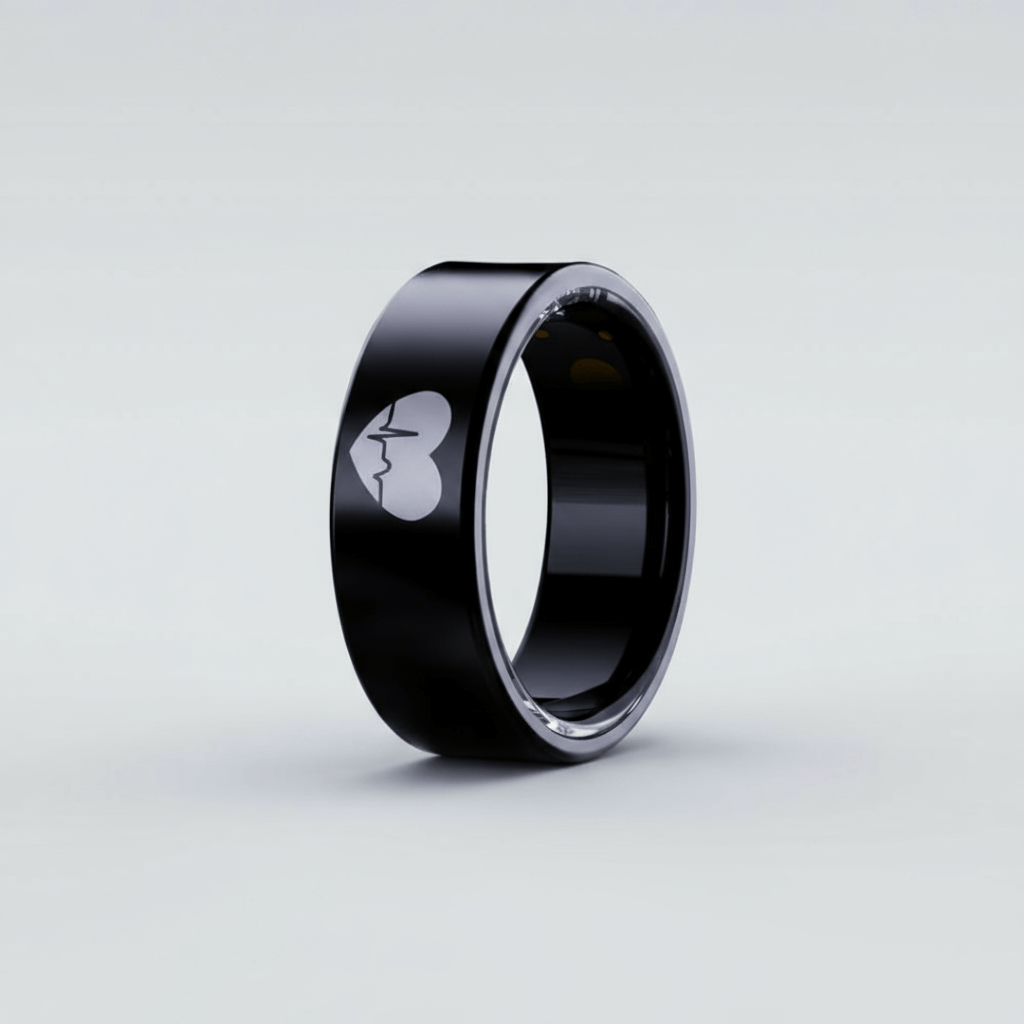 Smart Ring Health Tracker, Sleep Quality Monitor Fitness with sleek black design and heart rate logo.