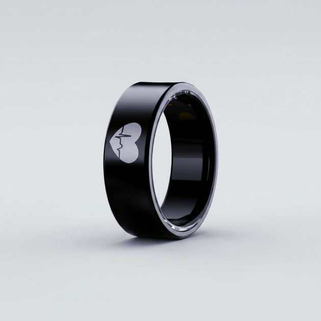 Smart Ring Health Tracker, Sleep Quality Monitor Fitness with sleek black design and heart rate logo.