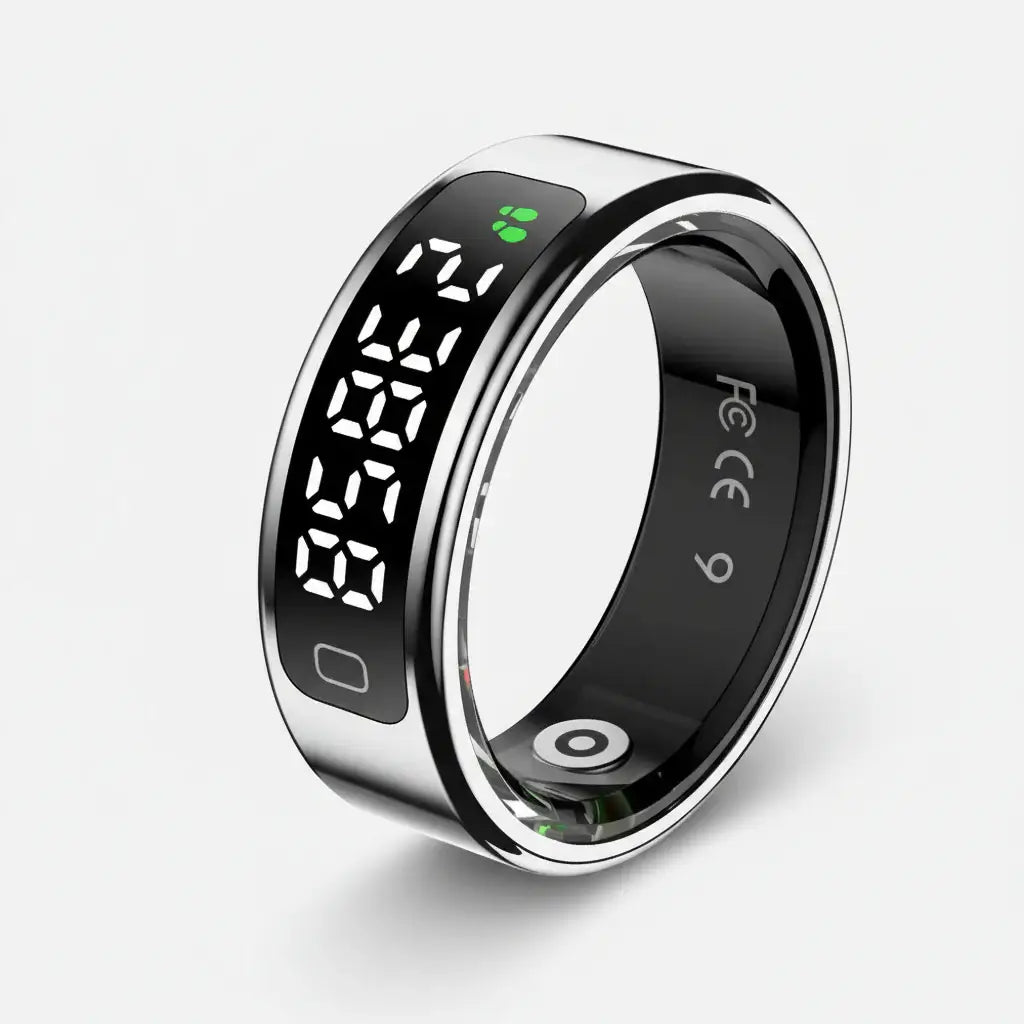 Smart Ring with LED display, sleek design, waterproof, perfect for sports and fitness tracking.