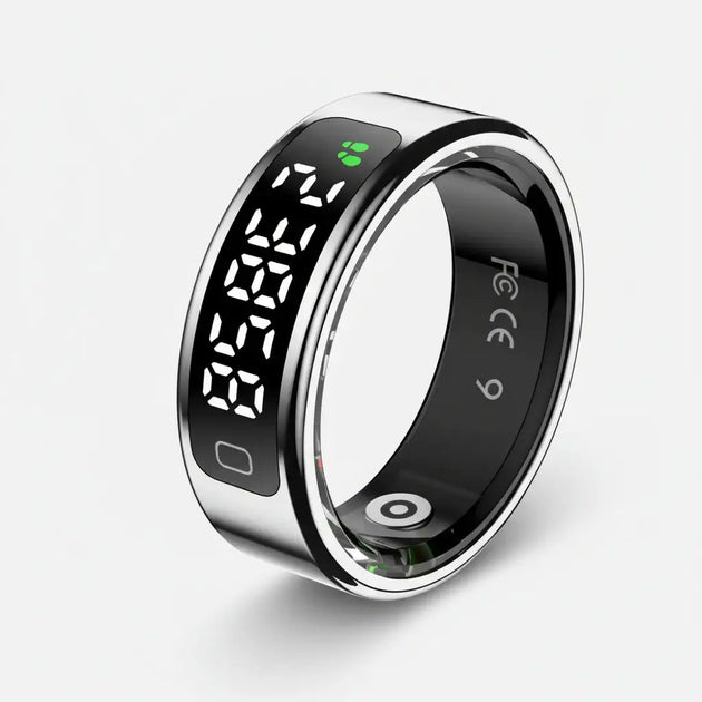 Smart Ring with LED display, sleek design, waterproof, perfect for sports and fitness tracking.