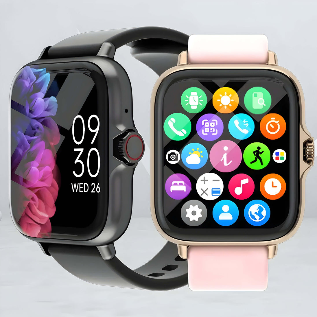 Smartwatch with black silicone strap and colorful interface, featuring activity tracking and Bluetooth 5.2.