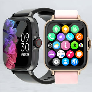 Smartwatch with black silicone strap and colorful interface, featuring activity tracking and Bluetooth 5.2.