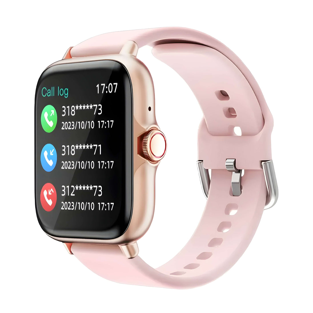 Smartwatch in pink with silicone strap, displaying call log and notifications, ideal for activity tracking.