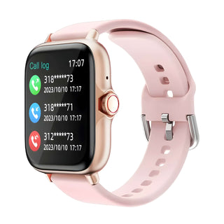 Smartwatch in pink with silicone strap, displaying call log and notifications, ideal for activity tracking.