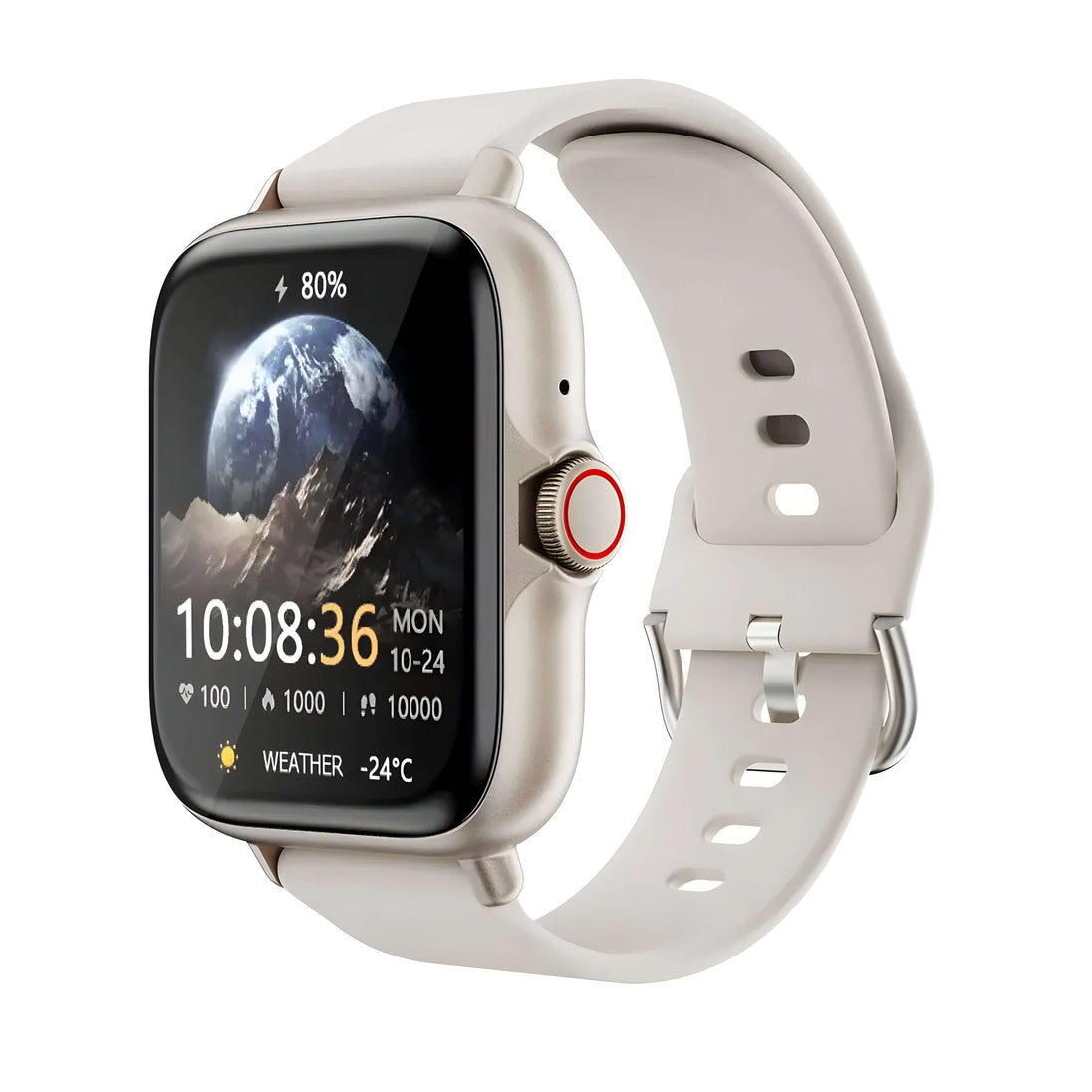 Smartwatch activity tracker with a white silicone strap and advanced features like step counter and distance tracker.