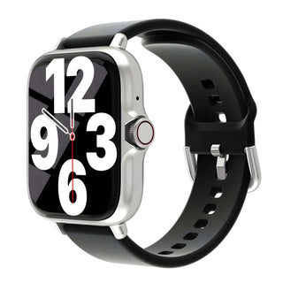 Smartwatch with black silicone strap, activity tracking features, compatible with all devices.