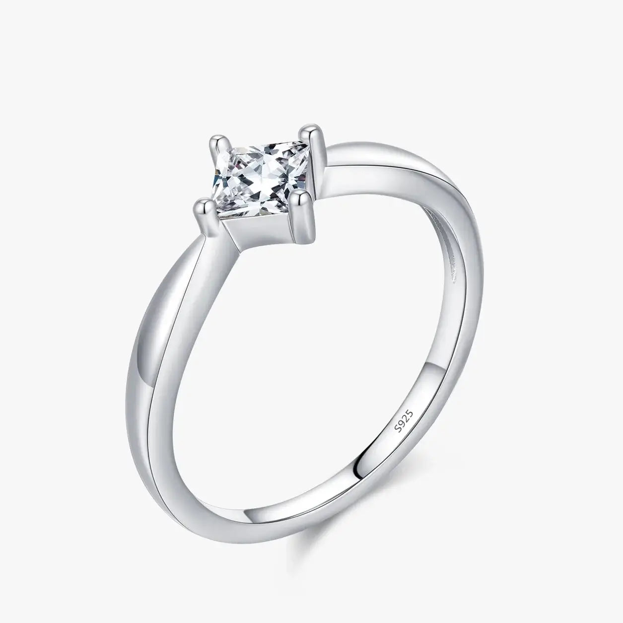 Square Moissanite Ring in 925 Sterling Silver with classic square-cut stone in a prong setting.
