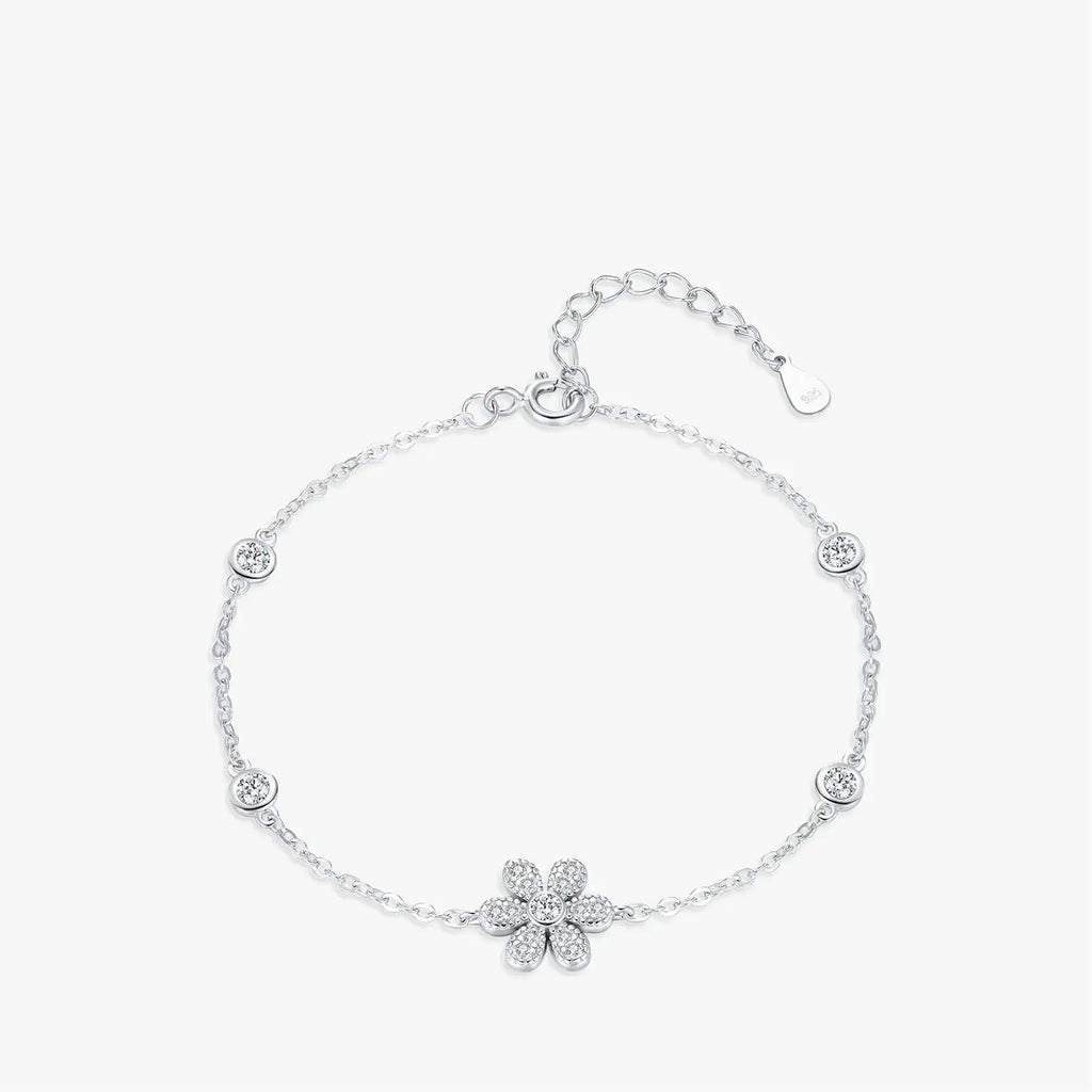 Plant Chain Bracelet 925 Sterling Silver with zircon flower design and adjustable length.