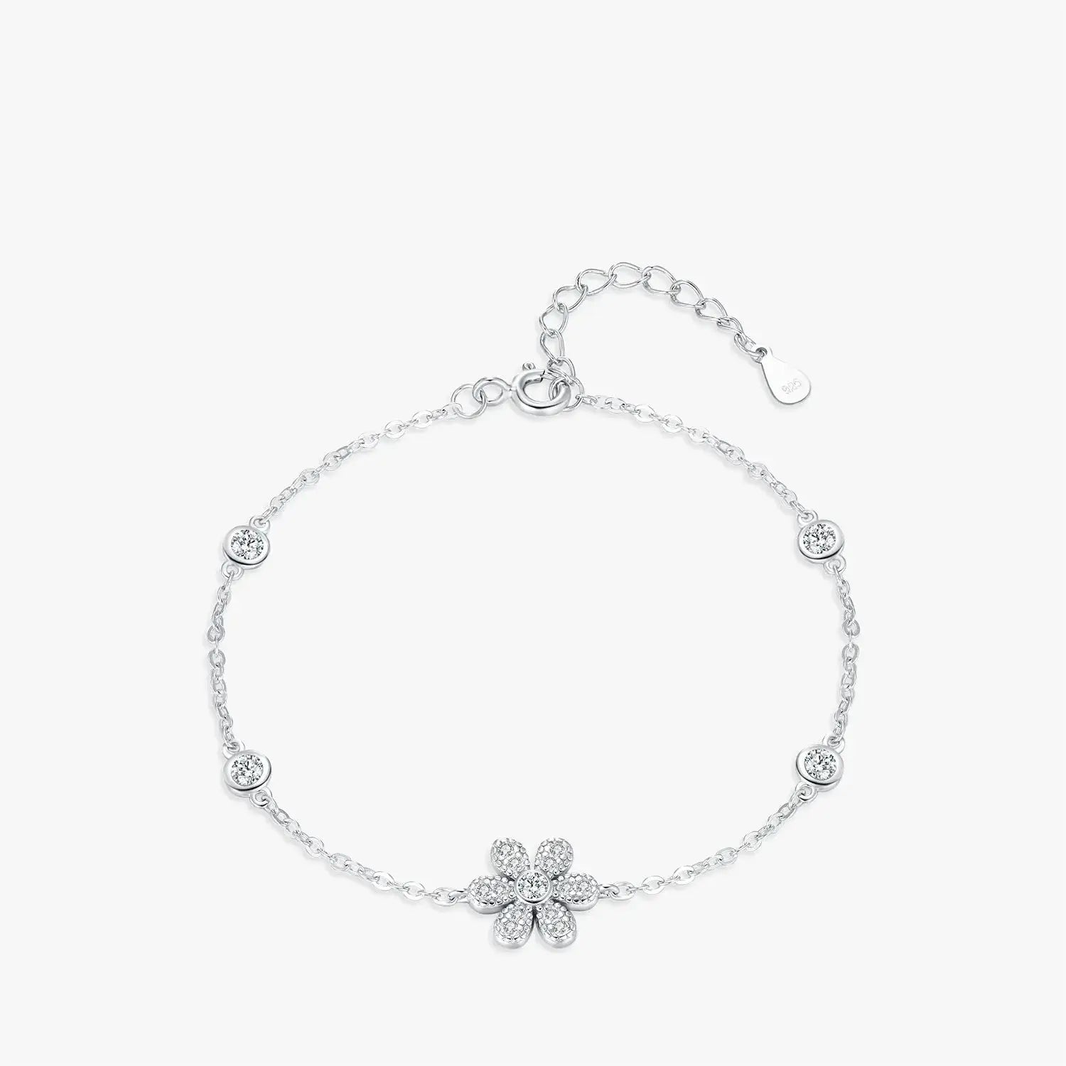 Plant Chain Bracelet 925 Sterling Silver with zircon flower design and adjustable length.