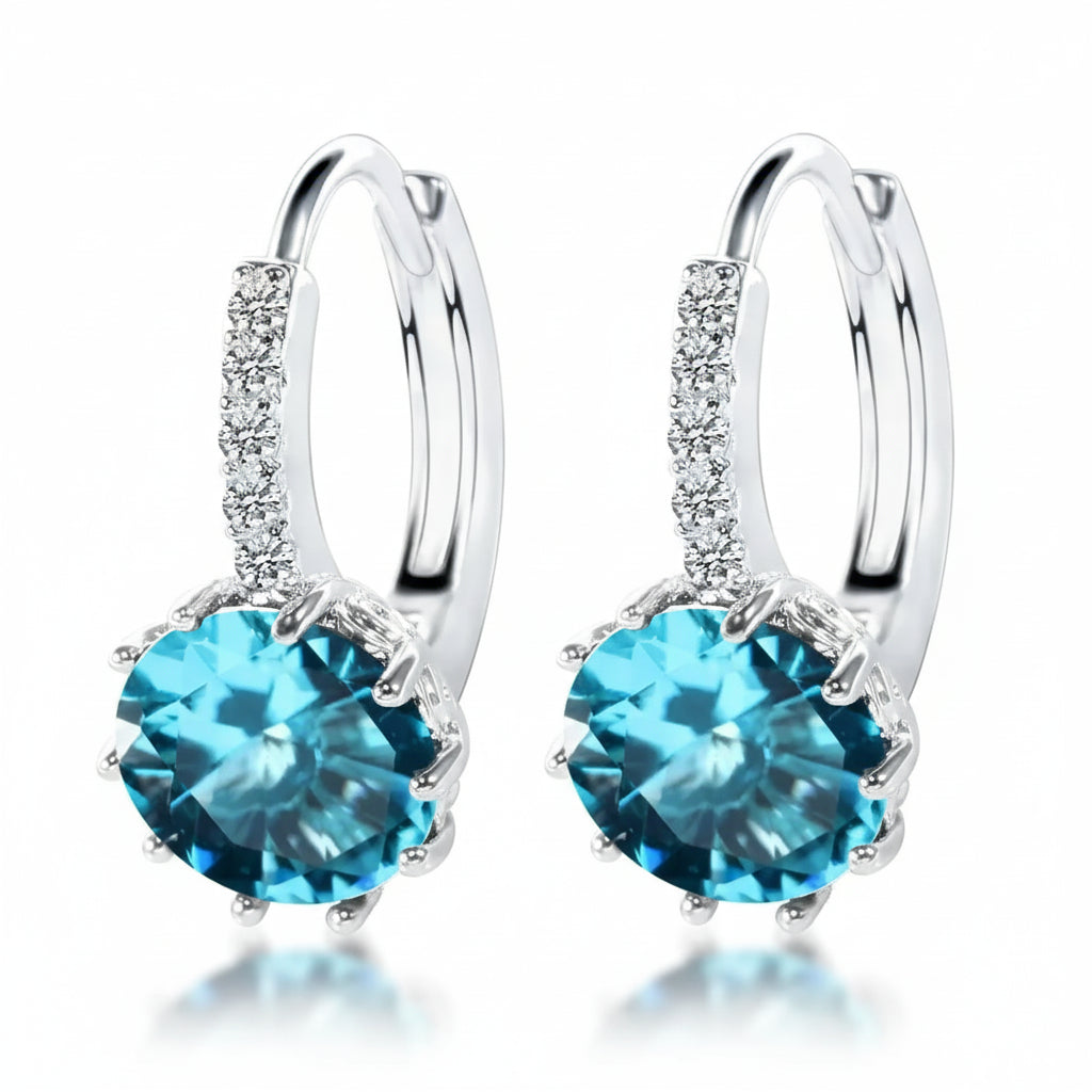 Sterling Silver Hoop Earrings with Aqua Crystal, Trendy and Stylish Design for Women, Perfect for Weddings and Parties.