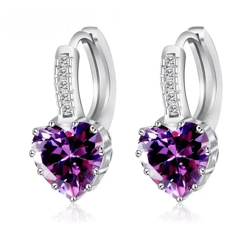 Sterling Silver Hoop Earrings with Purple Heart Cubic Zirconia, Trendy Women's Jewelry, Perfect for Special Occasions.