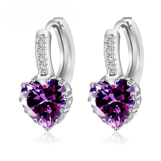 Sterling Silver Hoop Earrings with Purple Heart Cubic Zirconia, Trendy Women's Jewelry, Perfect for Special Occasions.
