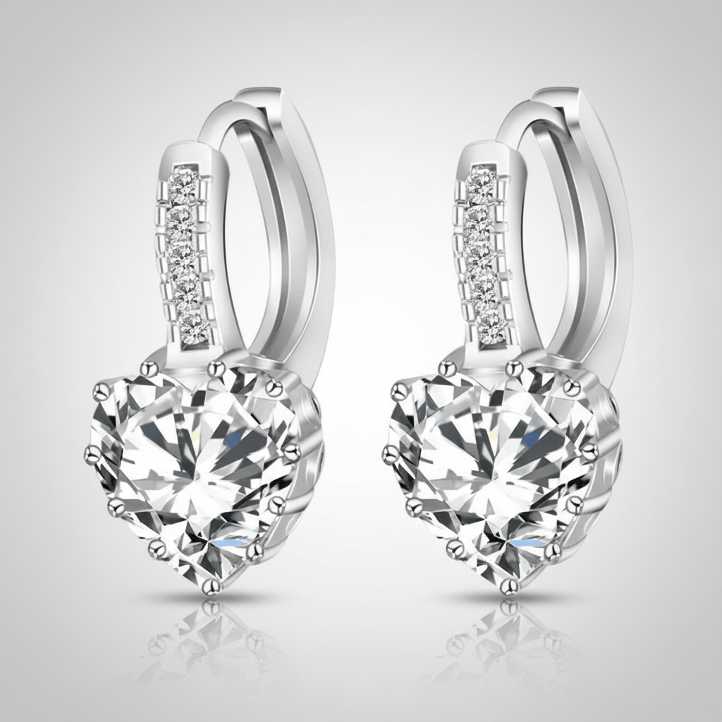 Sterling Silver Hoop Earrings with Heart-Shaped Crystal, trendy design for women, perfect for weddings and parties.