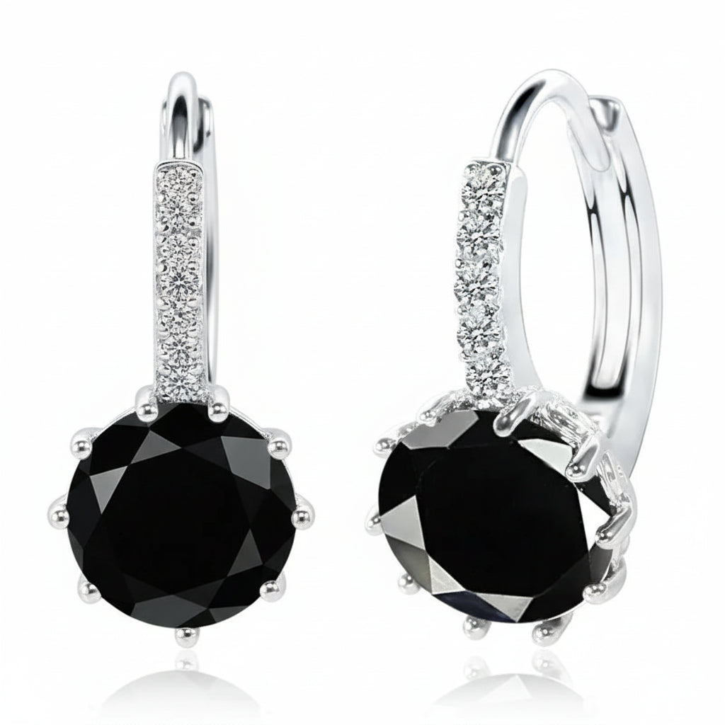 Sterling silver hoop earrings with black crystal, trendy design for women, perfect for weddings or parties.
