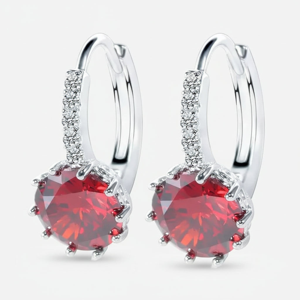 Sterling silver hoop earrings with red crystal and cubic zirconia, trendy design for women, perfect for parties or weddings.
