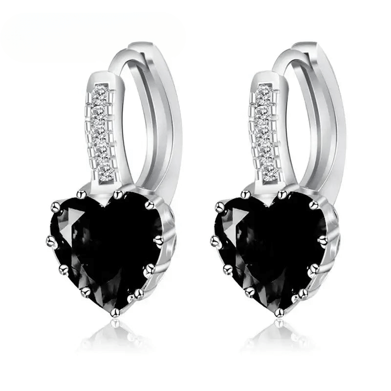 Black heart-shaped hoop earrings in sterling silver with sparkling accents, trendy design for women.