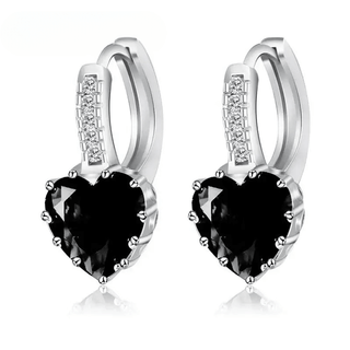 Black heart-shaped hoop earrings in sterling silver with sparkling accents, trendy design for women.
