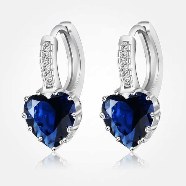 Sterling Silver Hoop Earrings with Heart-Shaped Blue Cubic Zirconia, Trendy Design for Women, 100% Brand New
