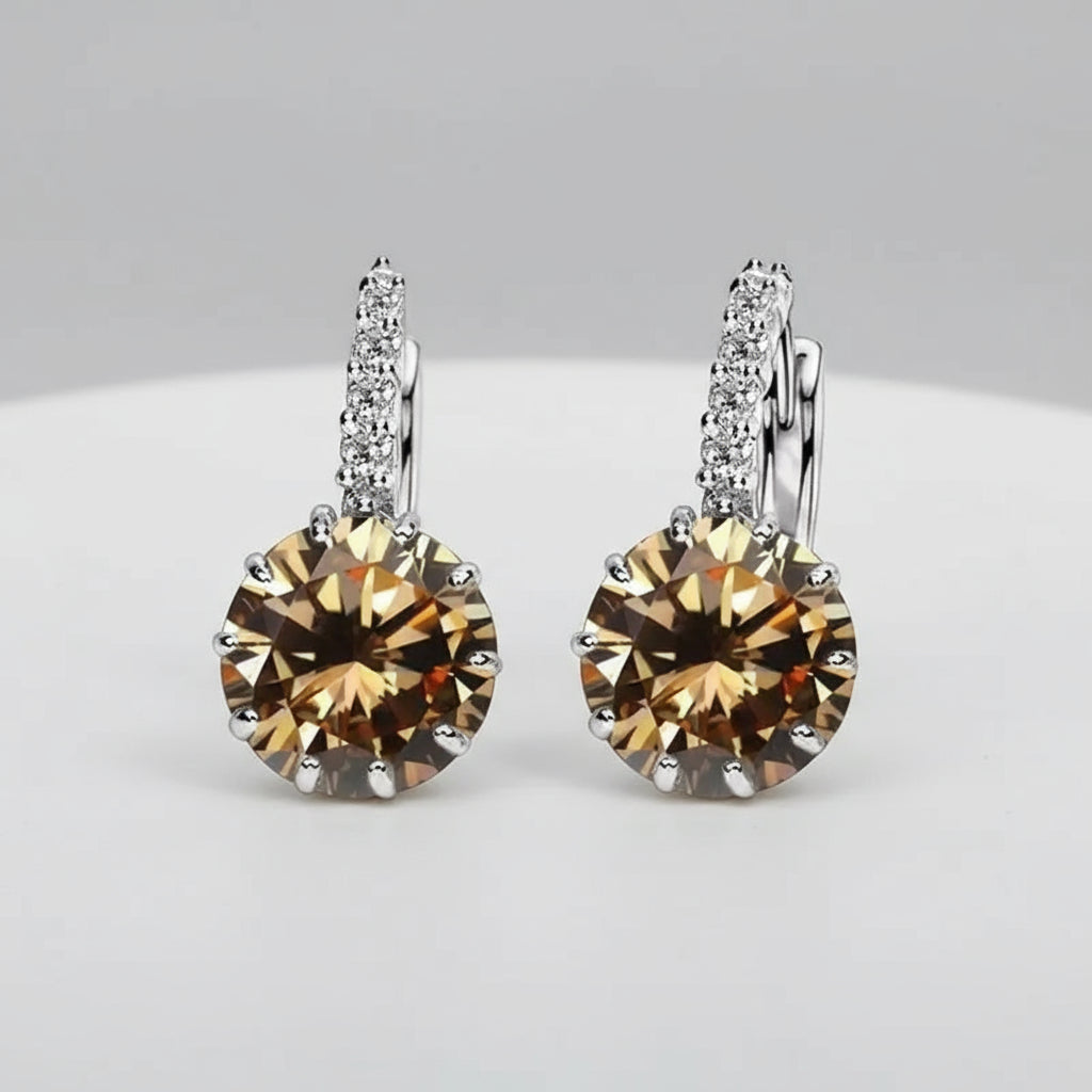 Sterling Silver Hoop Earrings with Brown Crystal, Trendy Round Design for Women, Perfect for Weddings and Parties.