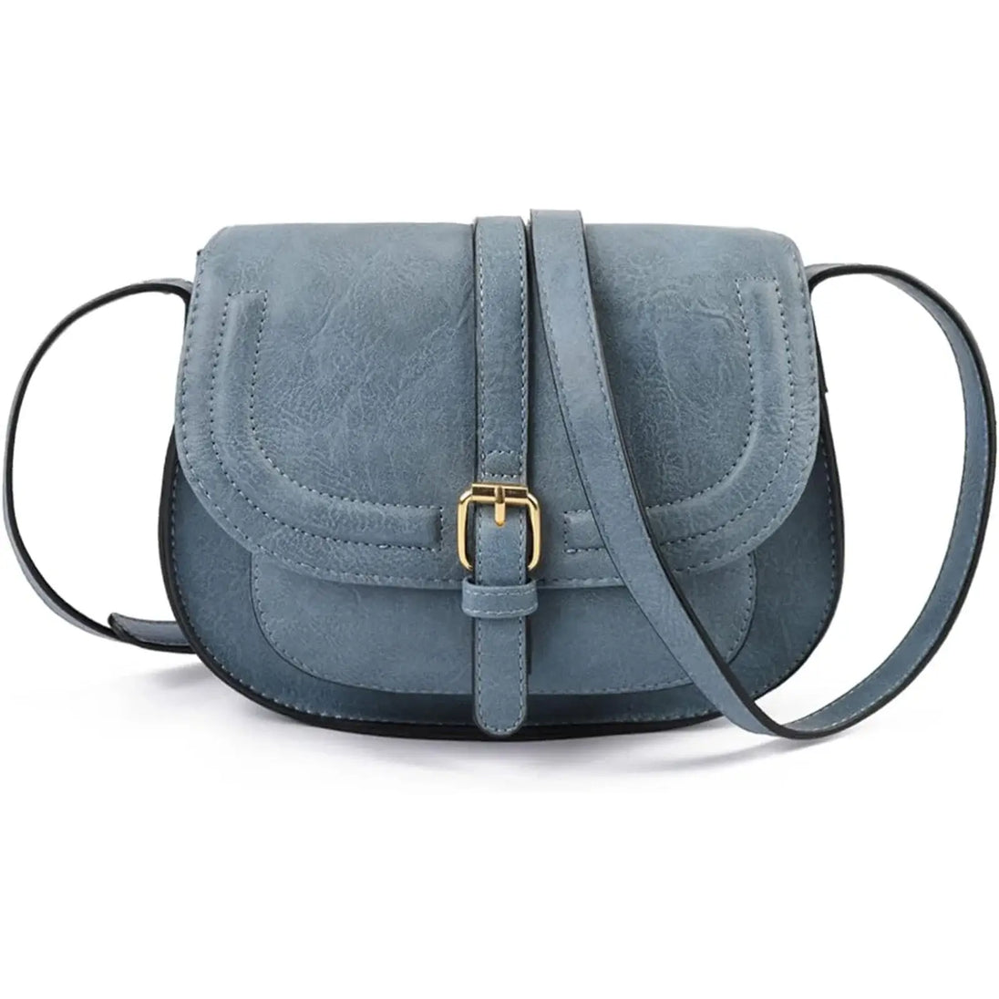 Leather crossbody bag in blue, featuring a stylish shell shape, zipper closure, and glamorous gold buckle.