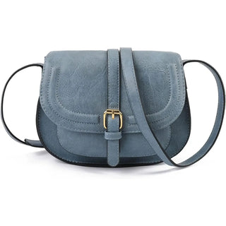 Leather crossbody bag in blue, featuring a stylish shell shape, zipper closure, and glamorous gold buckle.