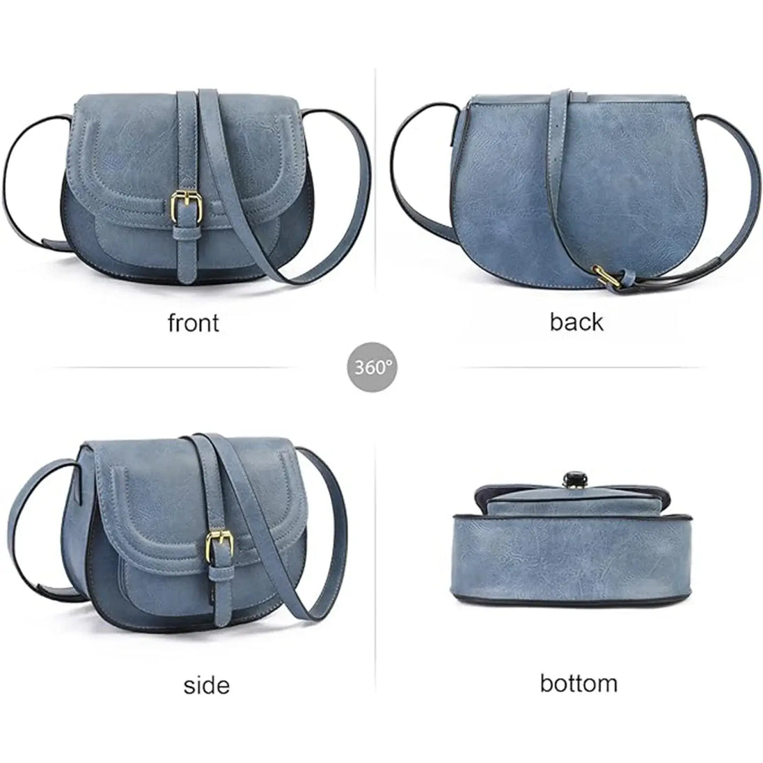 Leather crossbody bag in blue, showcasing front, back, side, and bottom views with stylish buckle detail.