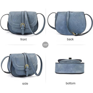 Leather crossbody bag in blue, showcasing front, back, side, and bottom views with stylish buckle detail.