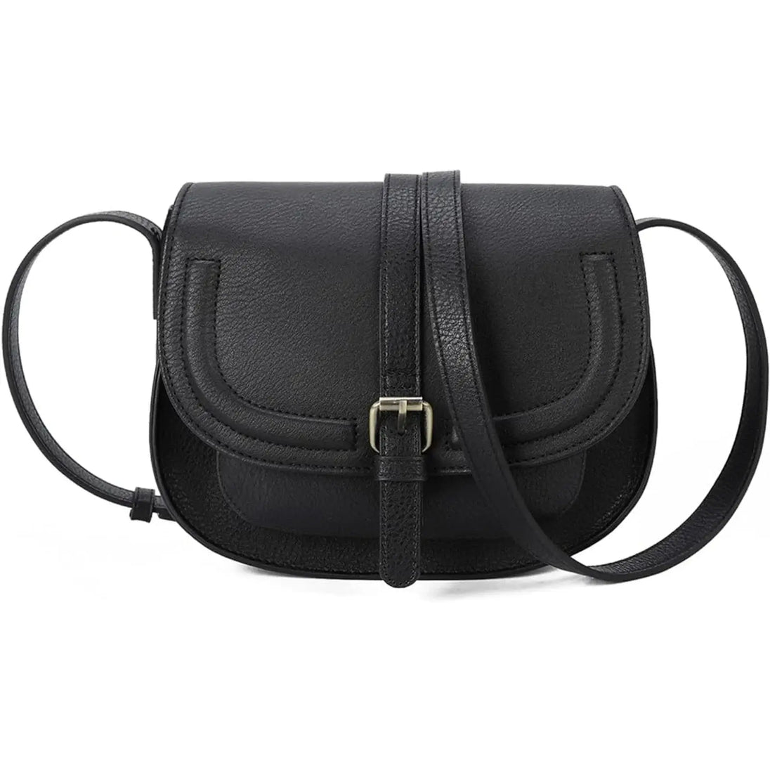 Black leather crossbody bag with stylish silhouette and buckle closure, perfect for everyday use.