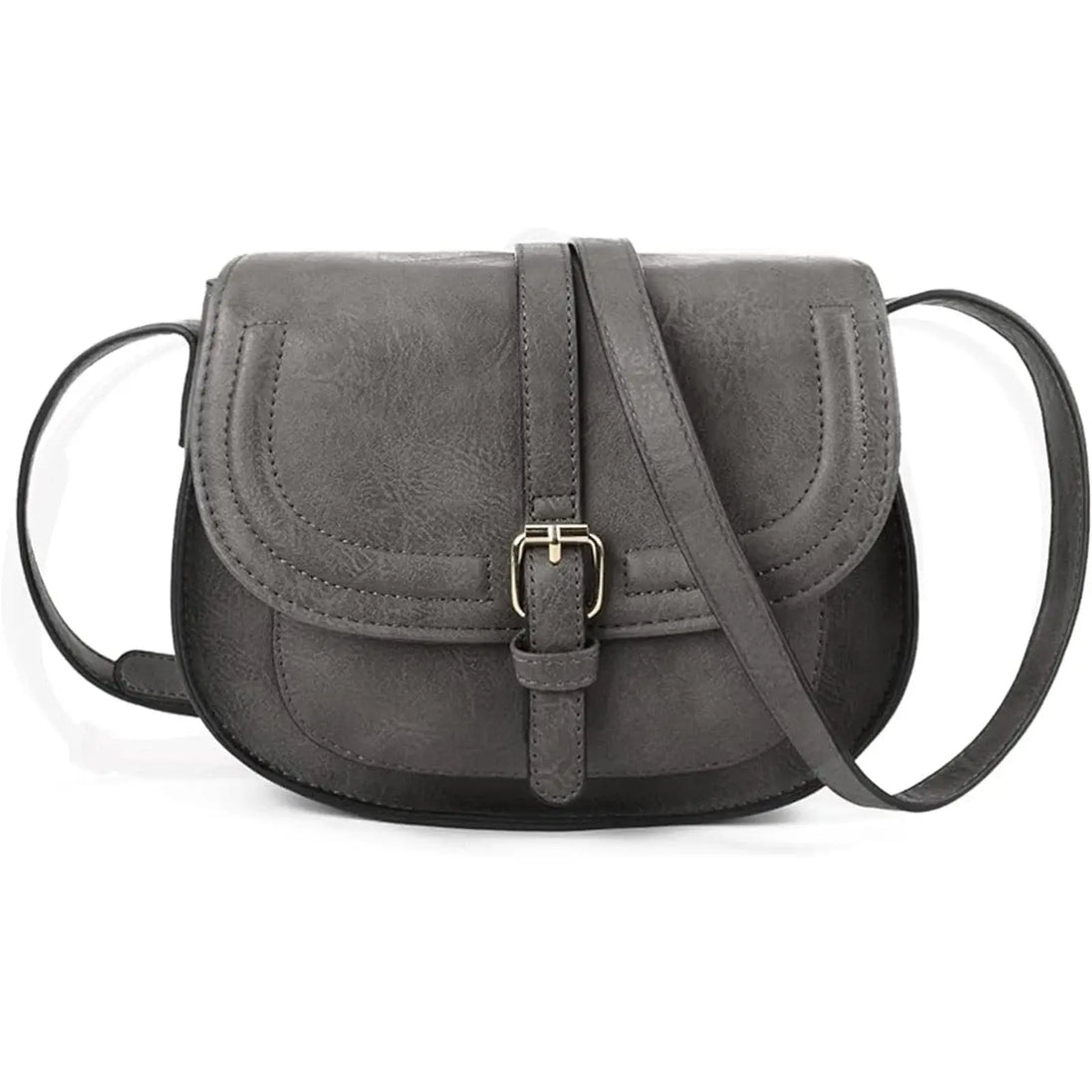 Leather crossbody bag in gray with buckle closure, stylish shell shape, perfect for modern fashion and versatile occasions.