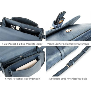 Vegan leather crossbody bag in navy, features zip and slip pockets, magnetic snap closure, adjustable strap.