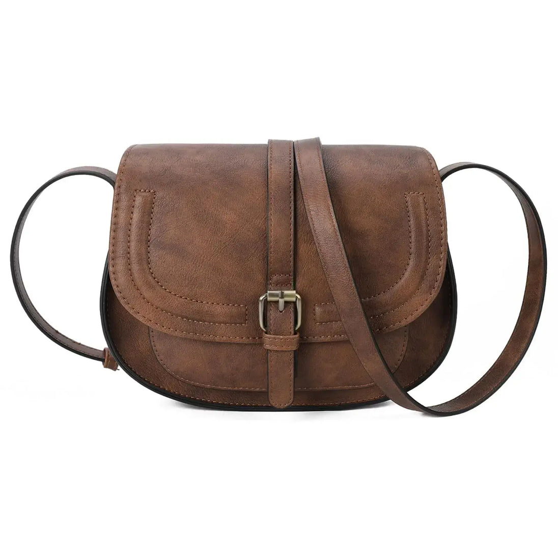 Brown leather crossbody bag with vintage style and buckle closure, perfect for everyday use.