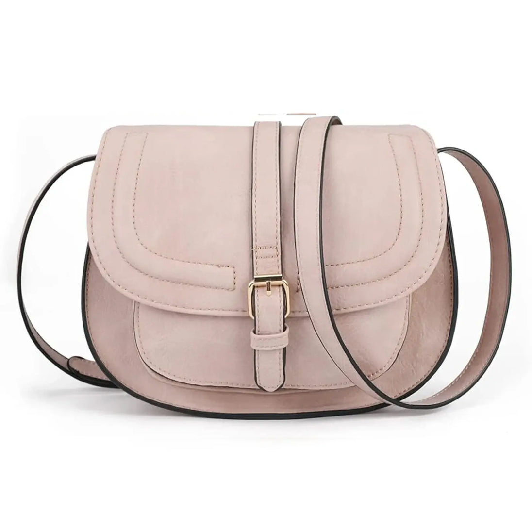 Leather crossbody bag in soft pink with a sleek silhouette and buckle closure for modern style.